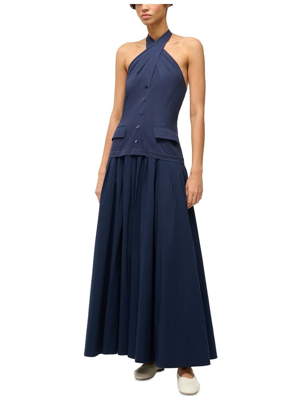 STAUD Harrington Cotton Twill & Poplin Halter Maxi Dress, Navy Blue, Size 8, NWT
